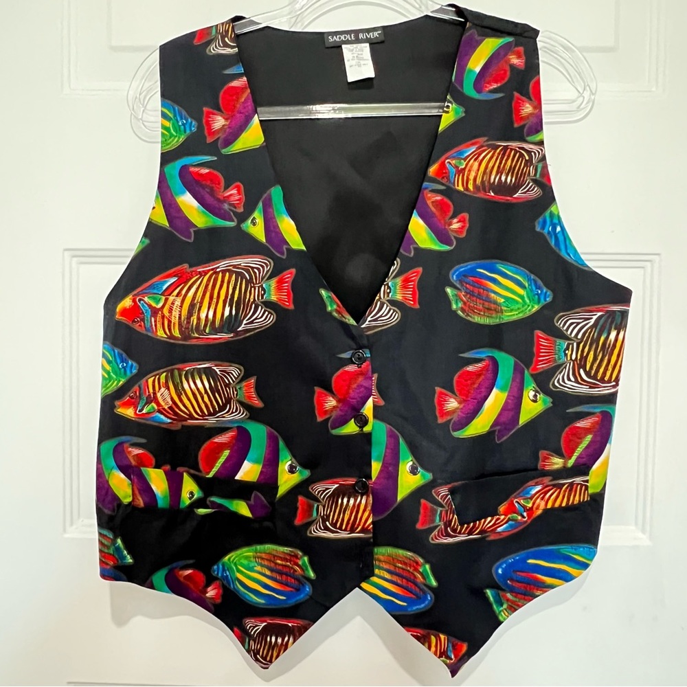 Vintage Waistcoat Vest Fish Print 4 Buttons Welt Pockets Back Tie Belt L/XL